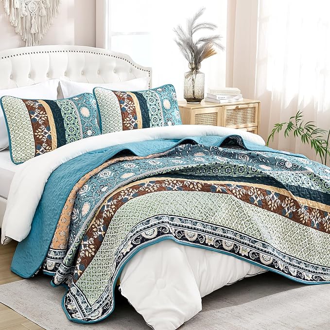 Yiran Blue Boho Quilt Set King Size, Fall Patchwork Bedspreads | Bohemia - Image 7