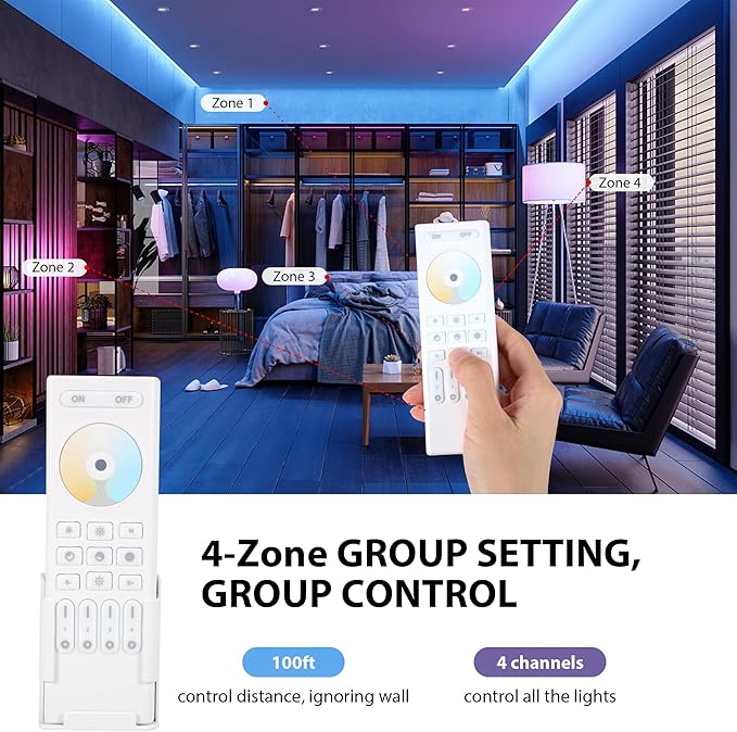 XXK 4-Zone 2.4G Wireless RF Remote Control, 99ft 360 Control, 4 Channel Group Control for Home CCT LED Strip Lights
