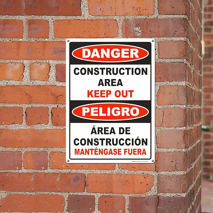 Brimar - 10" x 14" - Bilingual Danger Construction Area Keep Out Sign - .055″ Polyethylene Plastic - Bold Text And Symbol - Easy Installation