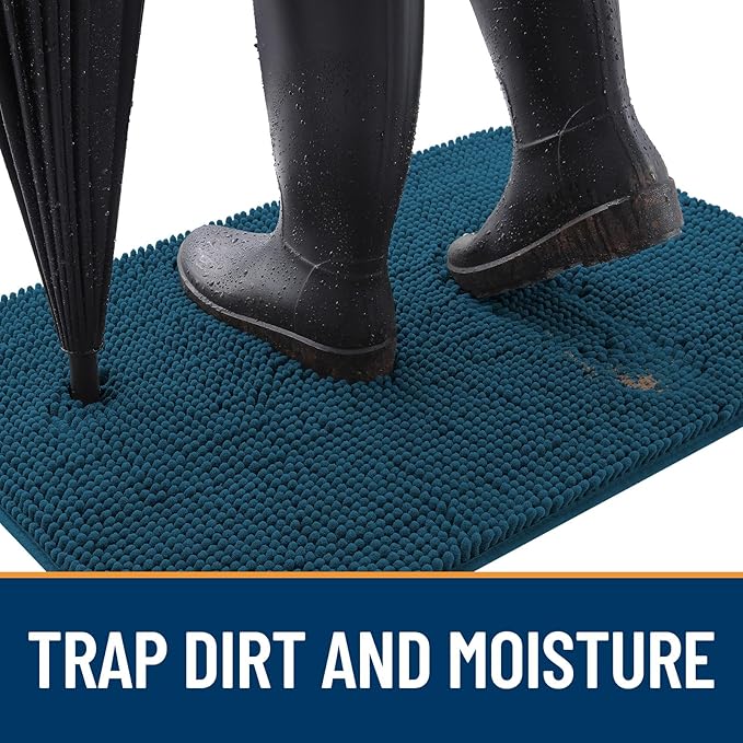 OLANLY Dog Door Mat for Muddy Paws 47x17, Absorbs Moisture and Dirt, Absorbent Non-Slip Washable Doormat, Quick Dry Chenille Mud Mat, Entry Indoor Entryway Carpet for Inside Floor, Atlantic Blue