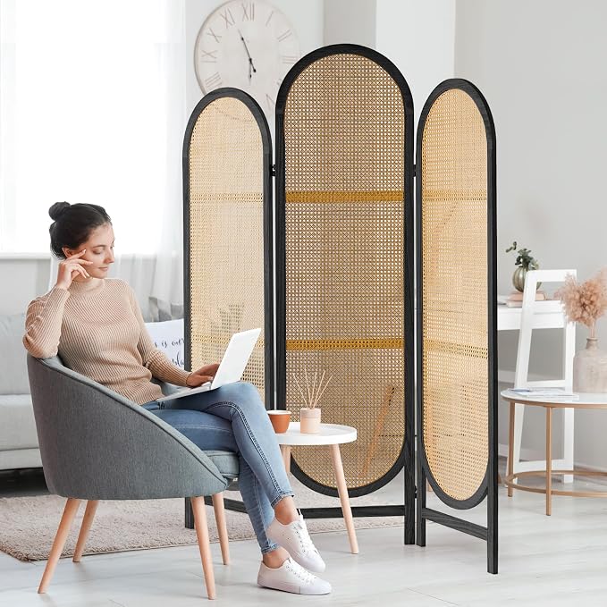3 Panel Rattan Room Divider Screen, Boho Folding Privacy Screen | Decorative by Aletheiawu