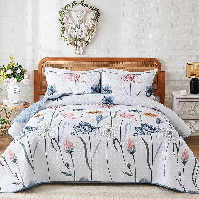 WONGS BEDDING King Size Quilt Set, 3-Piece Lightweight Botanical Bedspread | by WONGSBEDDING