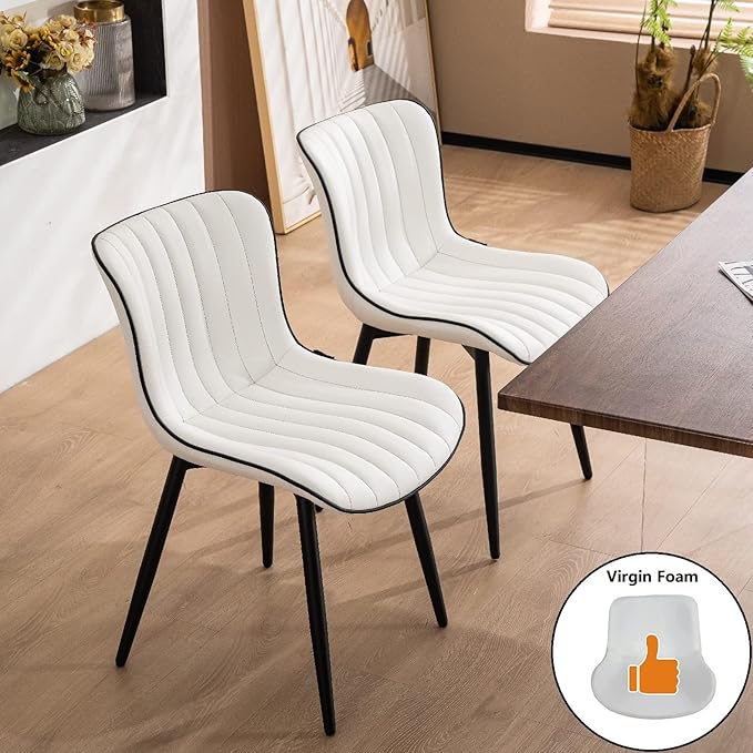 YOUNUOKE Mid-Century Modern Dining Chairs Set of 2, White PU Leather Upholstered Kitchen Chairs with Black Metal Legs, Armless Accent Chair for Dining Room, Guest Reception Room
