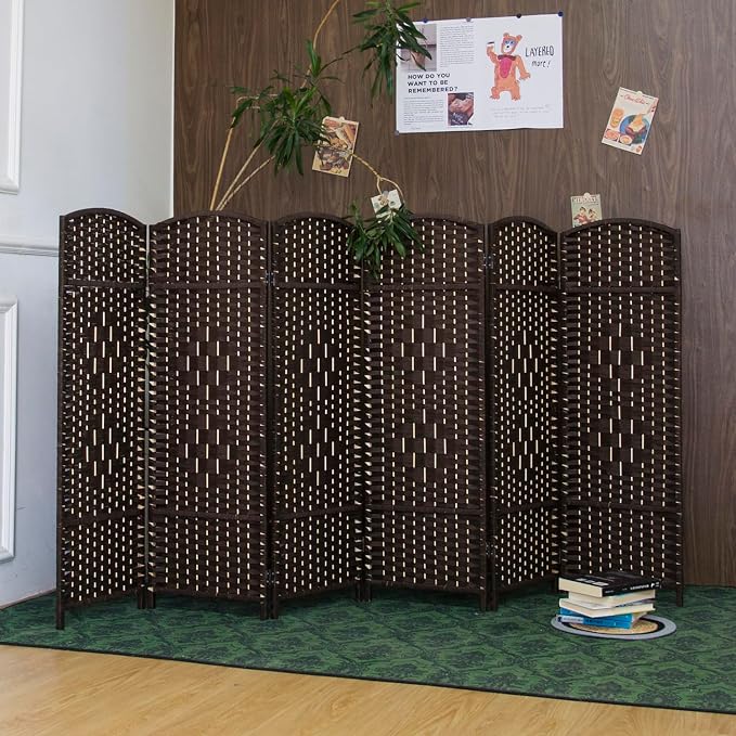6 Panel Dark Brown Rattan Room Divider, 47.2" Low Height Double-Sided Folding - Image 5