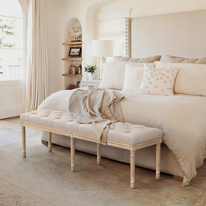 LUE BONA 60" Fabric End of Bed Bench, Upholstered Tufted French Bedroom Bench - Image 4