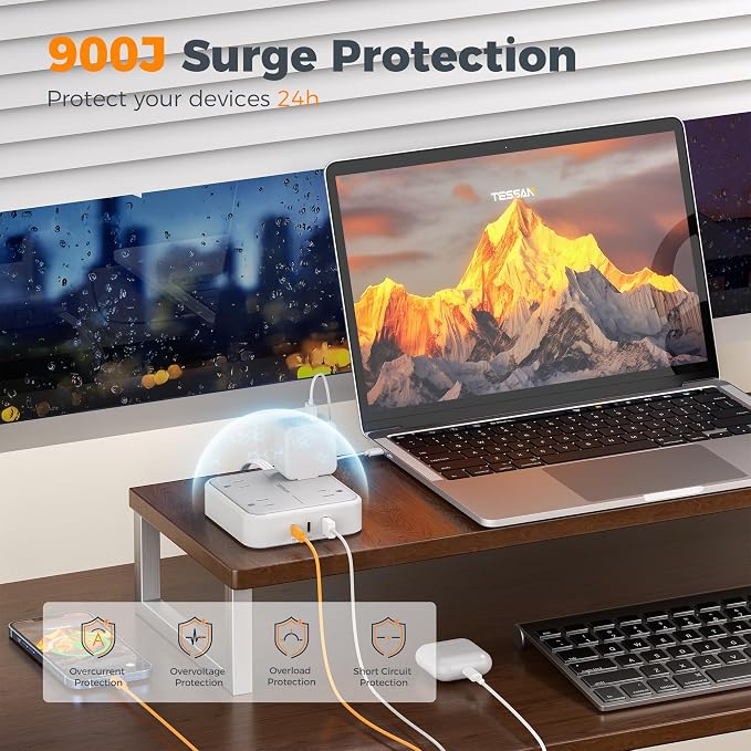 TESSAN Surge Protector Flat Extension Cord 15Ft, Flat Plug Power Strip | 4 - Image 5