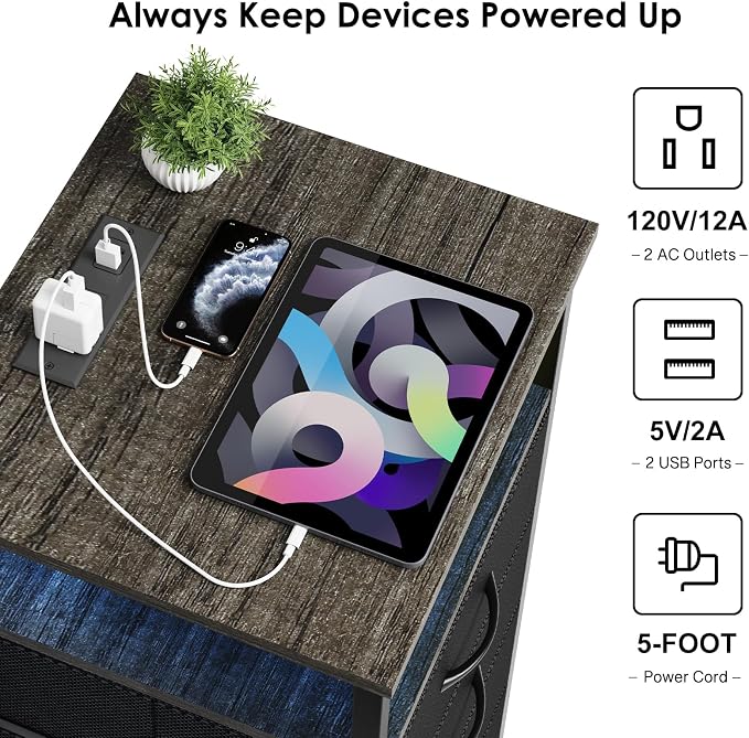 Fixwal Night Stand with 3 Fabric Drawers, Nightstand with Charging Station | - Image 5