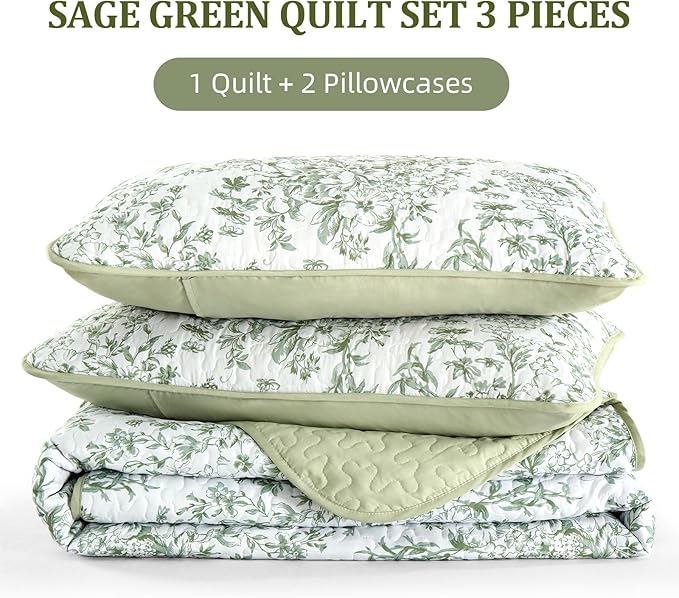 WONGS BEDDING California King Quilt Set, Sage Green Botanical Lightweight | - Image 7