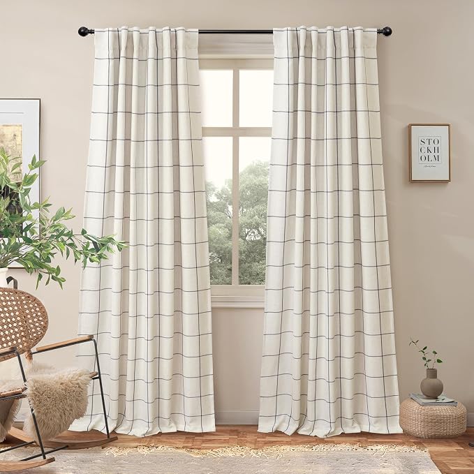 DriftAway 100% Blackout Plaid Linen Curtains 84 Inches Long 2 Panels Black | - Image 2
