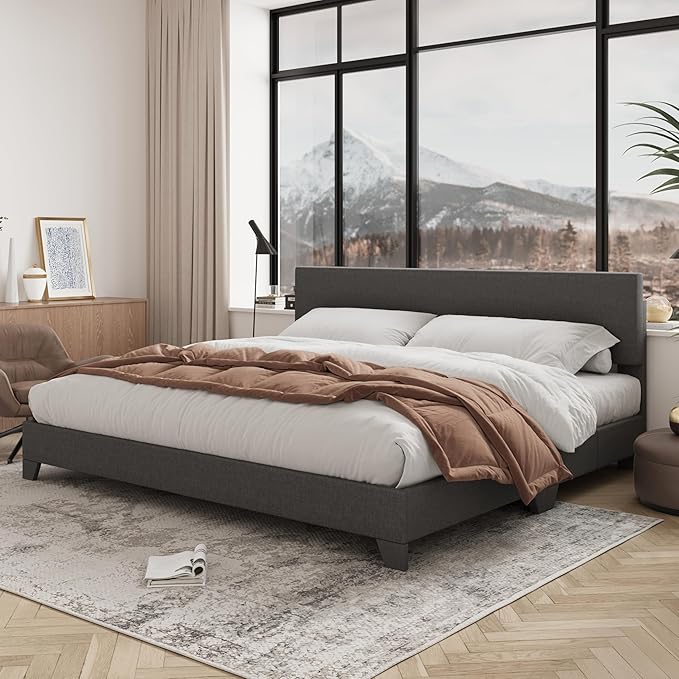 Allewie King Size Bed Frame with Adjustable Headboard, Upholstered Platform Bed with Wood Slats, Heavy Duty Mattress Foundation, No Box Spring Needed, Noise-Free, Easy Assembly, Dark Grey