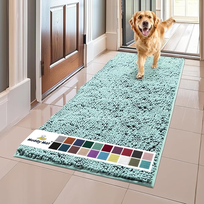 Muddy Mat® Shown on TV–Super Absorbent Microfiber Dog Door Mat for Muddy Paws, Non-Slip Washable Pet Rug, Quick Dry Chenille Entryway Carpet, Machine Washable Indoor Outdoor mat–Seafoam Green 59"x24"