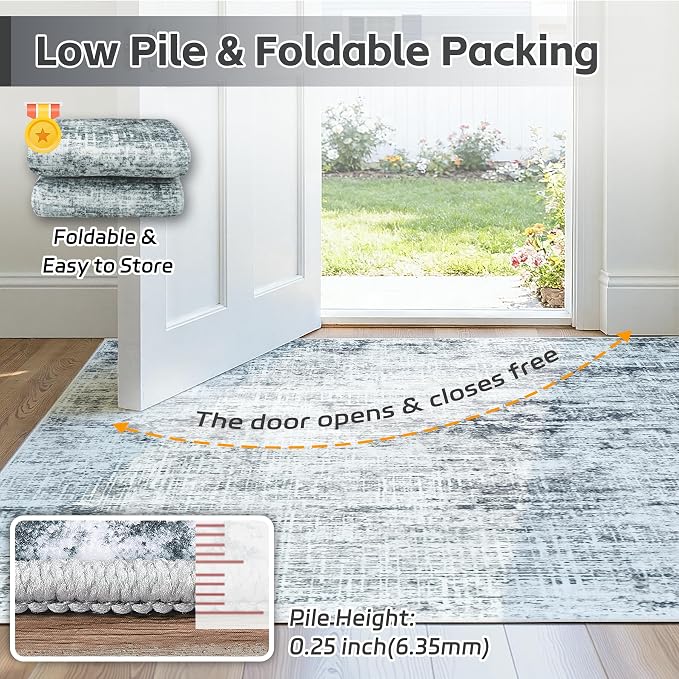 5x7 Washable Area Rug for Living Room Bedroom: Non-Slip Modern Black Grey | - Image 7