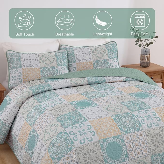 Dobuyly Patchwork Quilt Set Queen Size 3 Pieces Sage Green Yellow Boho Plaid - Image 5