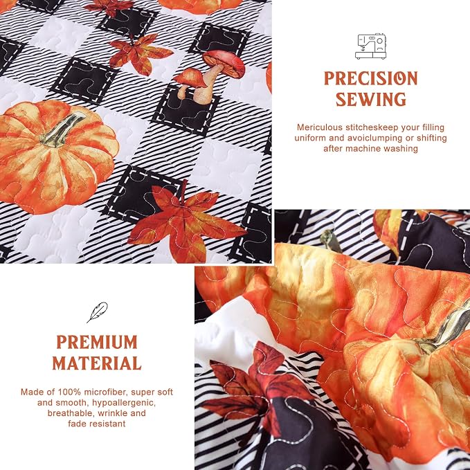 Anibedding Fall Patchwork Quilt Queen Size, Soft Pumpkins Maple Leaves Themed - Image 6