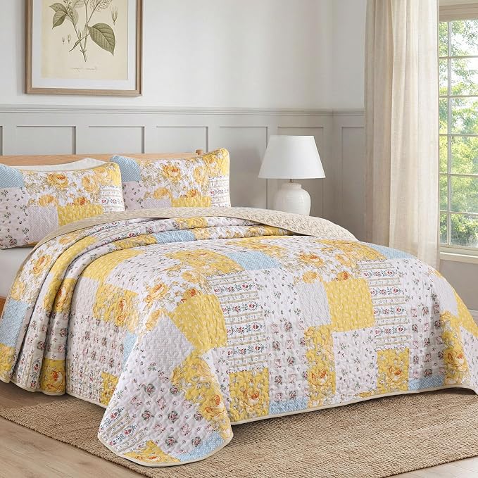 Yellow Patchwork Quilt Set Queen Size, Rose Floral Plaid Bedspread | 3 Pcs - Image 2