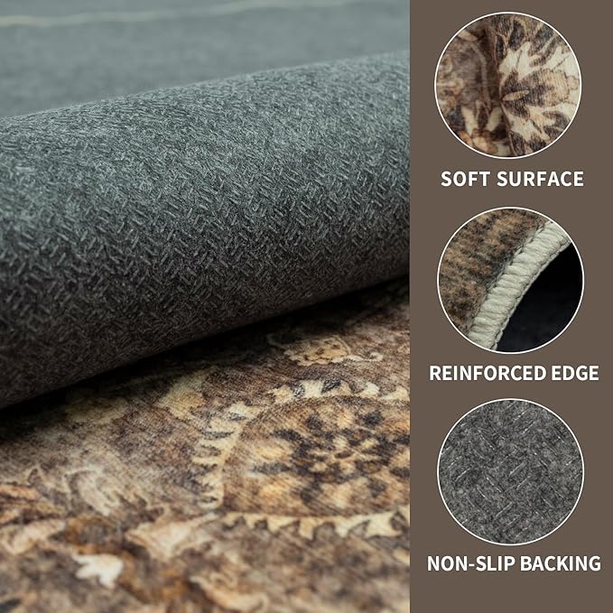 8x10 Vintage Washable Area Rug for Living Room,Low Pile Non Slip Carpet Non-Shedding Large Area Rug Soft Indoor Stain Resistant Rug Floral Print Mat for Bedroom Dining Room Brown Floral