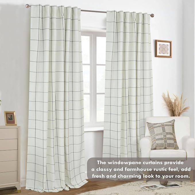DriftAway 100% Blackout Windowpane Plaid Linen Curtains 54 Inches Black | - Image 8