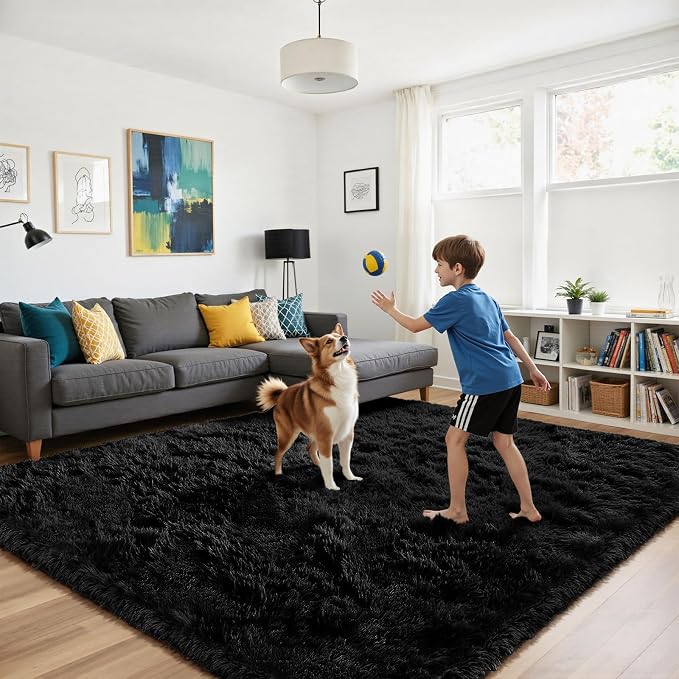 Black 8x10 Area Rugs for Living Room, Fluffy Shag Rug Large Bedroom Carpet | - Image 4