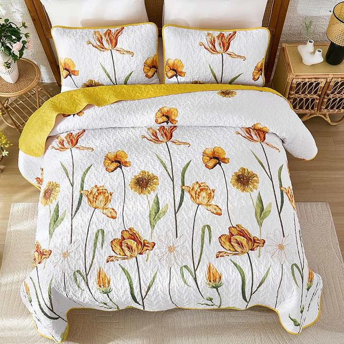 WONGS BEDDING Yellow Quilt Set King Size, Colorful Floral Quilt Set - Image 3