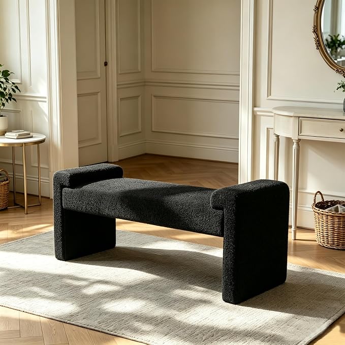 Upholstered Entryway Bench, Curved Armrests, Solid Wood Frame, End of Bed - Image 5