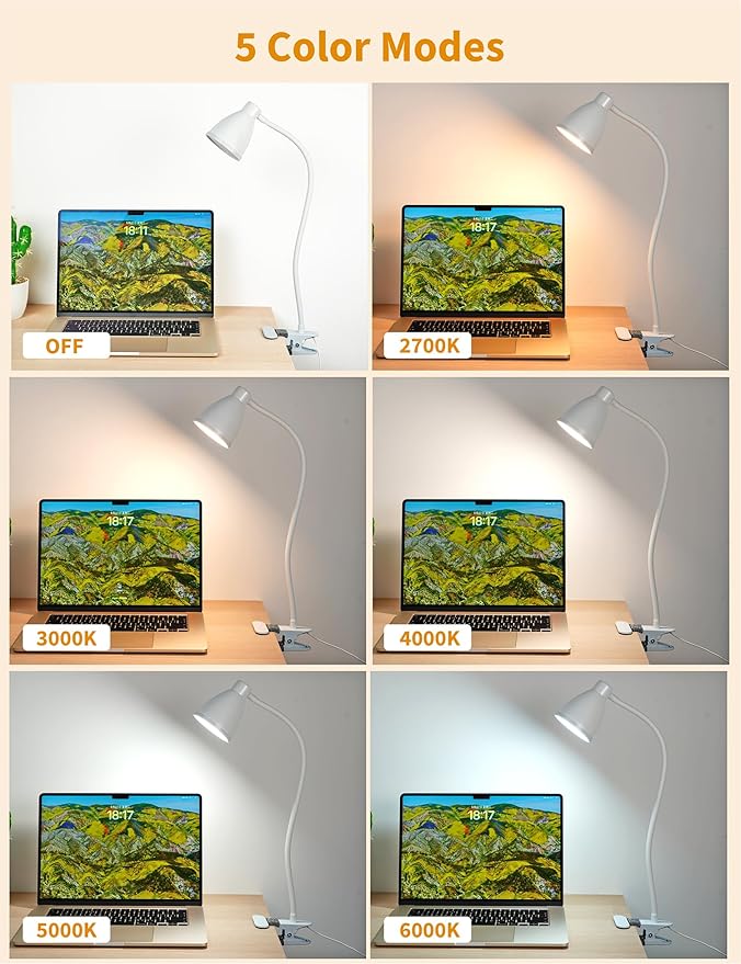 BOHON Clamp Lamp 5 Color Modes 10 Brightness Dimmer Bedside Lamp, Adapter - Image 2