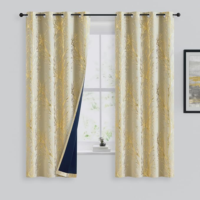 FMFUNCTEX 100% Blackout Ivory Gold Foil Tree Curtains 63 Inch Long 2 Panels | - Image 2