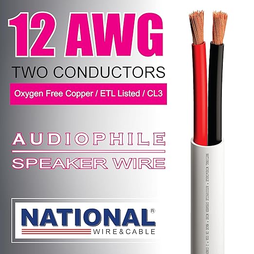 NATIONAL Wire&Cable - 12/2 Audiophile Speaker Wire (50 Feet) 12AWG Gauge - Made in USA - in Wall Audio Speaker Wire Cable/CL Rated/ETL Listed / 2 Conductors - OFC Oxygen-Free Copper, White 50ft