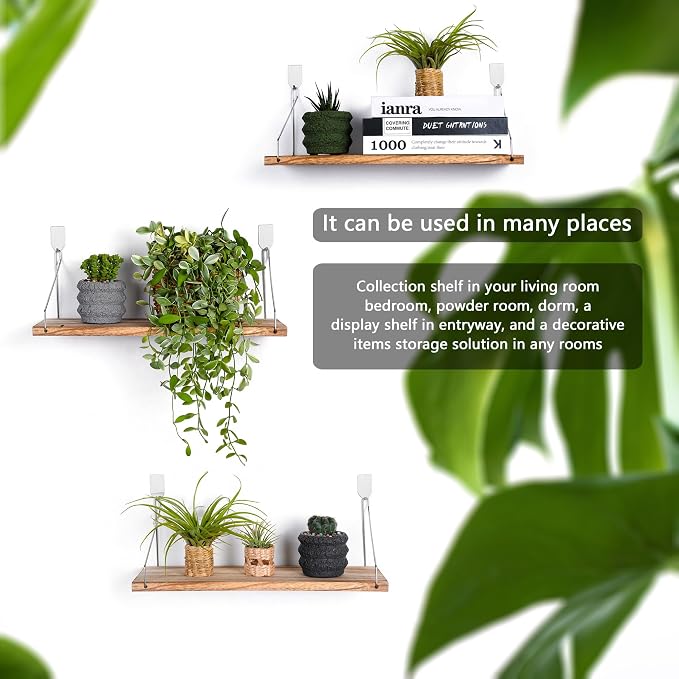 Floating Wall Shelves, Rustic Wood Wall Mounted Shelf Set of 3 | No Drill - Image 4