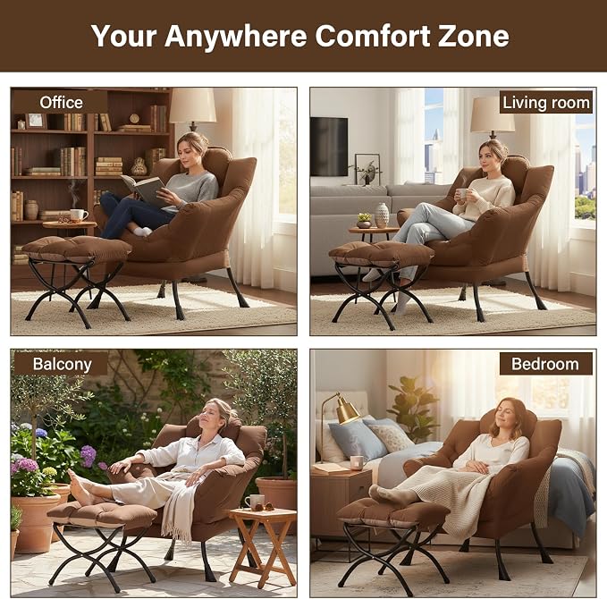 Welnow Lazy Chair with Ottoman, Reading Chair with Footrest, Dark Brown | A - Image 8