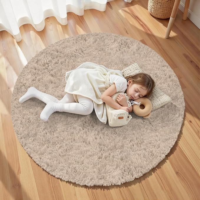 Beige Round Fluffy Rug 5ft Plush Fuzzy Shaggy Carpet | Soft Rugs - Image 4