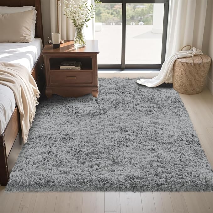 4x6 Area Rug for Living Room, Light Gray Fluffy Shag Non-Slip Bedroom Rugs | - Image 4