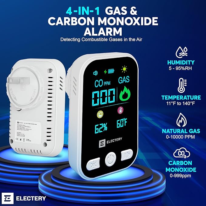 Carbon Monoxide Detector Plug in, 4-in-1 Gas and Carbon Monoxide Detectors with Digital Display, Natural Gas Leak Detector for Home RV Kitchen, Dual Alarm 85dB, Temperature Humidity Sensor (2 Pack)