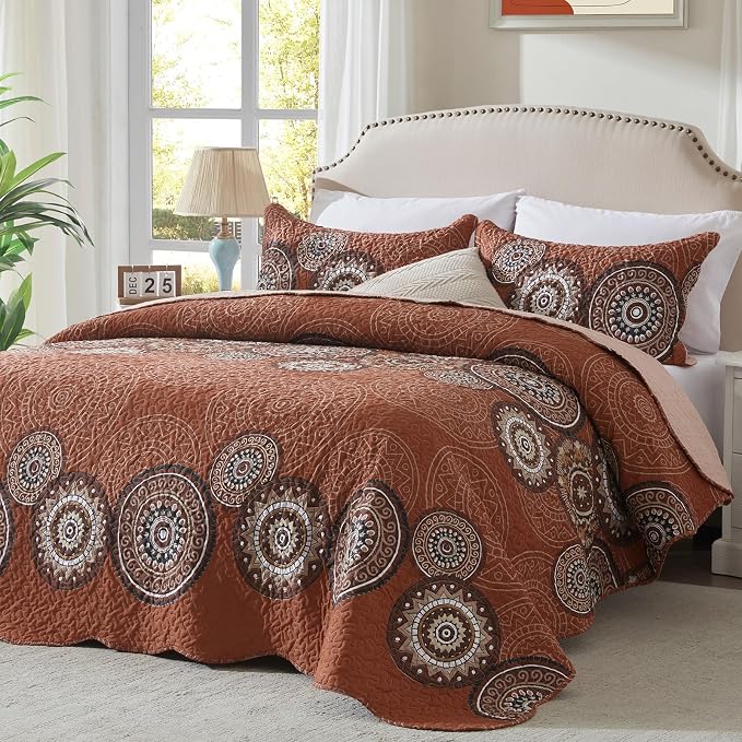 3 Pieces King Size Burnt Orange Rust Quilt Set Lightweight Oversized Bedspread by LEAONME