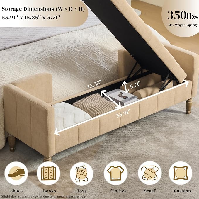 Aoiy & Wifon 64.57" W End of Bed Bench King Size, Upholstered Large Storage - Image 2