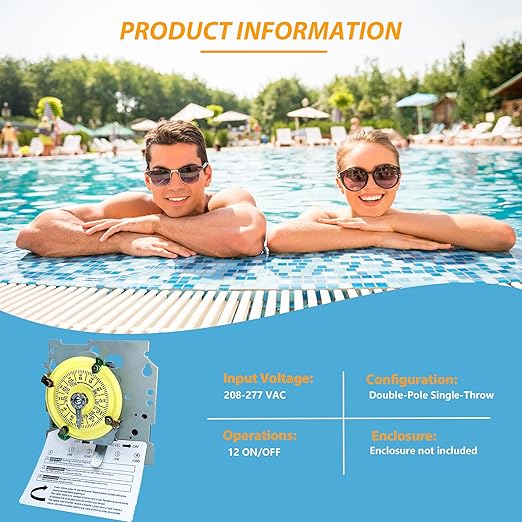 T104M Mechanical Time Switch,208-277 VAC 5HP 40A DPST Time Switch,24 Hour 12 ON/Off,Mechanism Only,Heavy Duty Electromechanical Outdoor/Indoor Timer for Pool Pump and Water Heater Lighting