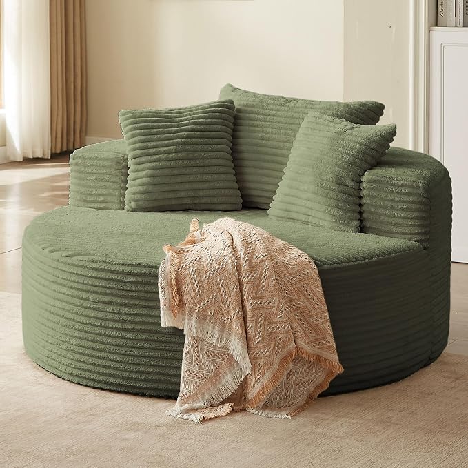 55'' Oversized Round Lounge Chaise Chair, Corduroy Upholstered Indoor Chaise - Image 5