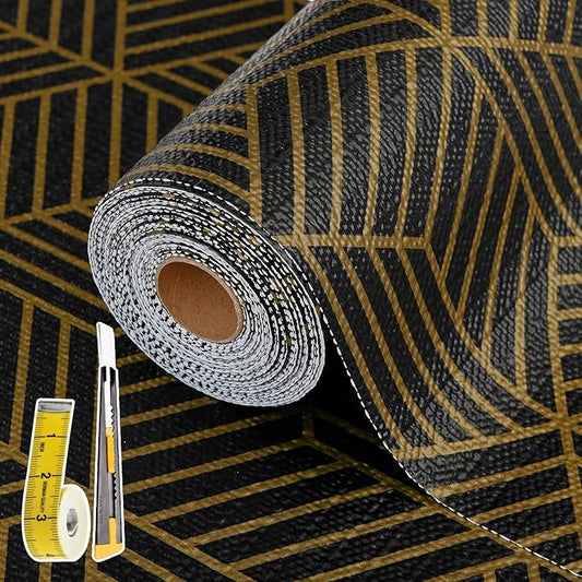 Shelf Liners for Kitchen Cabinets 17in x 20FT, Non Adhesive Cabinet Liner Strong Non-Slip Black Gold Geometric Drawer Liner, Easy to Clean for Shelf, Cabinet with Knife and Tape Measure