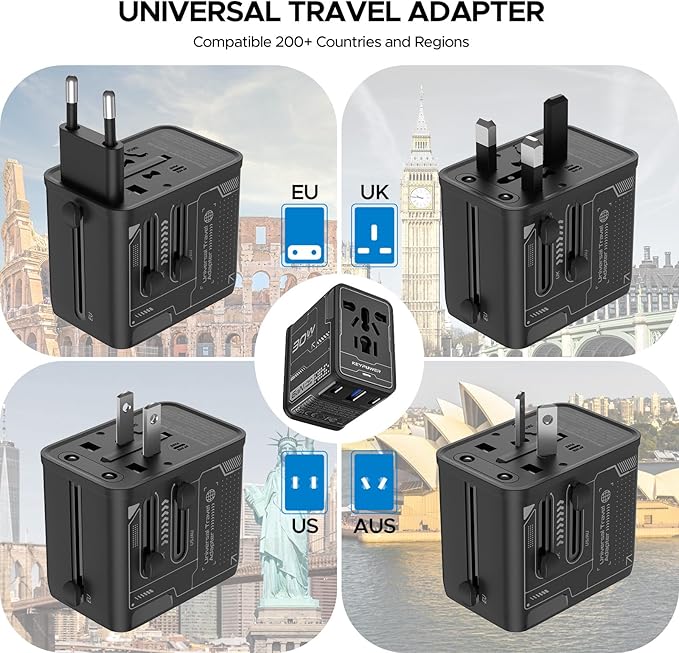 Universal Travel Adapter 30W GaN, KEY POWER All-in-One International Power Adapter with 2 USB-C & 1 USB-A, Worldwide Plug Converter for EU/US/UK/AU in 200+ Countries