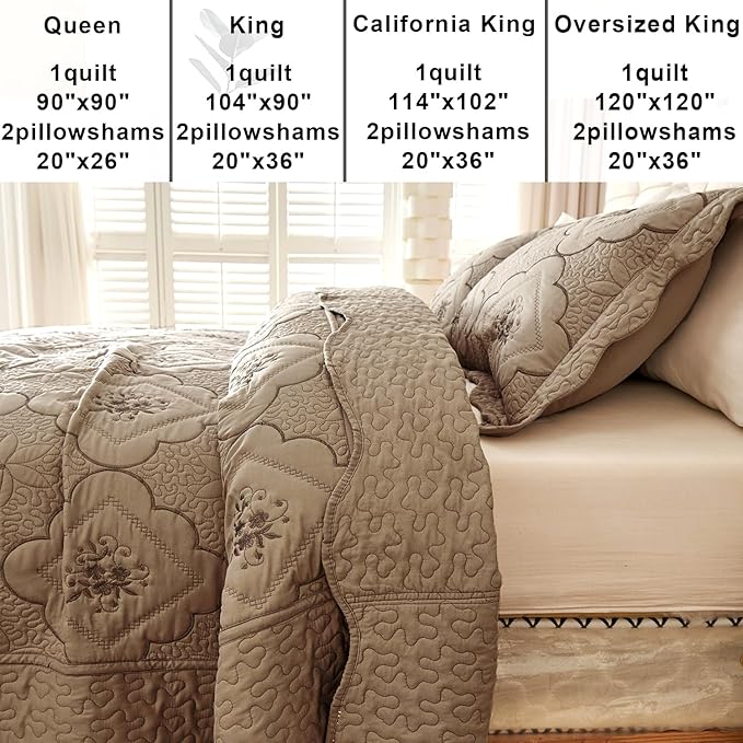 Cmfshape Oversized Floral Embroidery Quilt Set, 3 Pieces Super King Quilt - Image 5