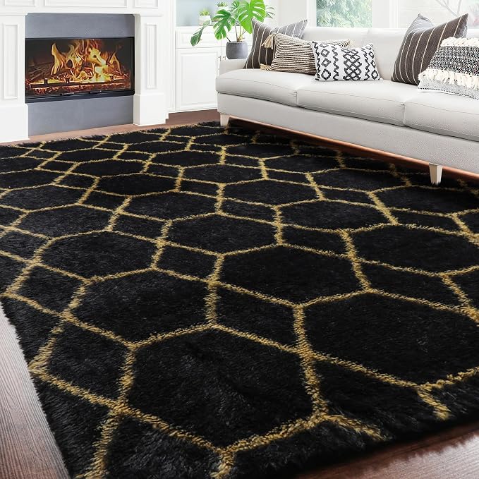 7x9 Area Rugs for Living Room Bedroom, Large Boho Fluffy Black and Gold Throw by ONASAR