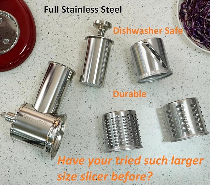 FavorKit Large Stainless Steel Slicer Shredder Attachment for KitchenAid Mixers, Dishwasher Safe Salad Maker, Cheese Grater Accessories with 3 Blades & 1 Knob Thumb Screw