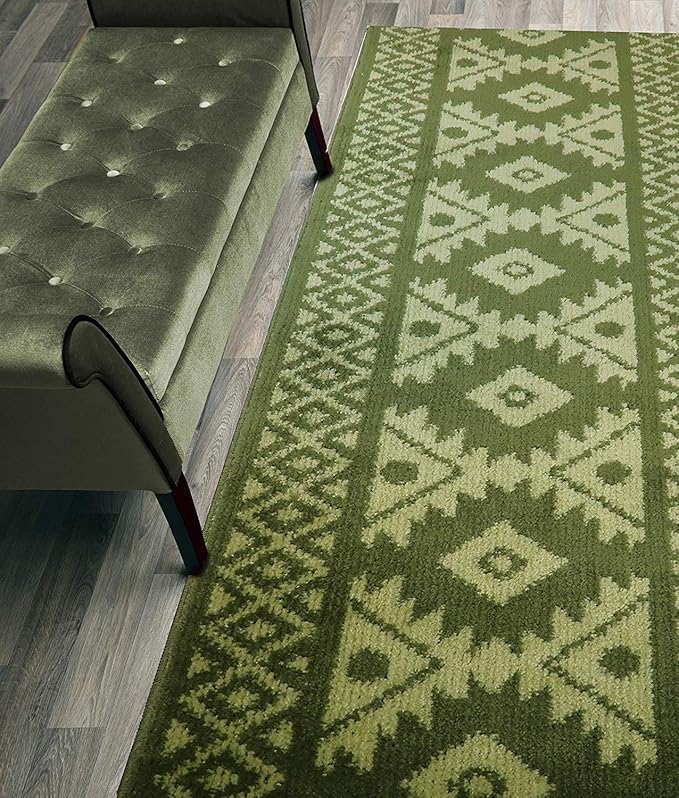 Custom Length Hallway Runner Rug,Slip Resistant,Southwestern Green, 26 Inch X 14 feet, Sold and Priced Per Foot