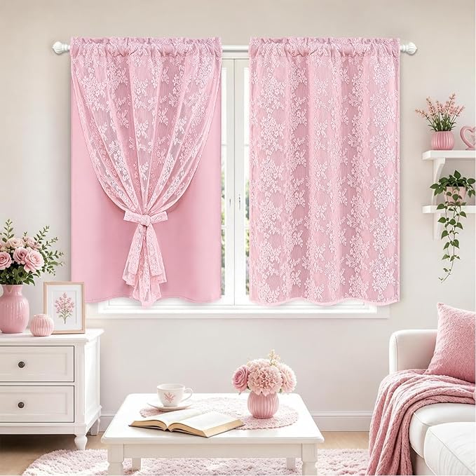 Yinhua Pink Kitchen Curtains 36 Inch Length Double Layer Blackout Curtains - Image 8