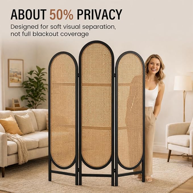 3 Panel Rattan Room Divider Screen, Boho Folding Privacy Screen | Decorative - Image 2