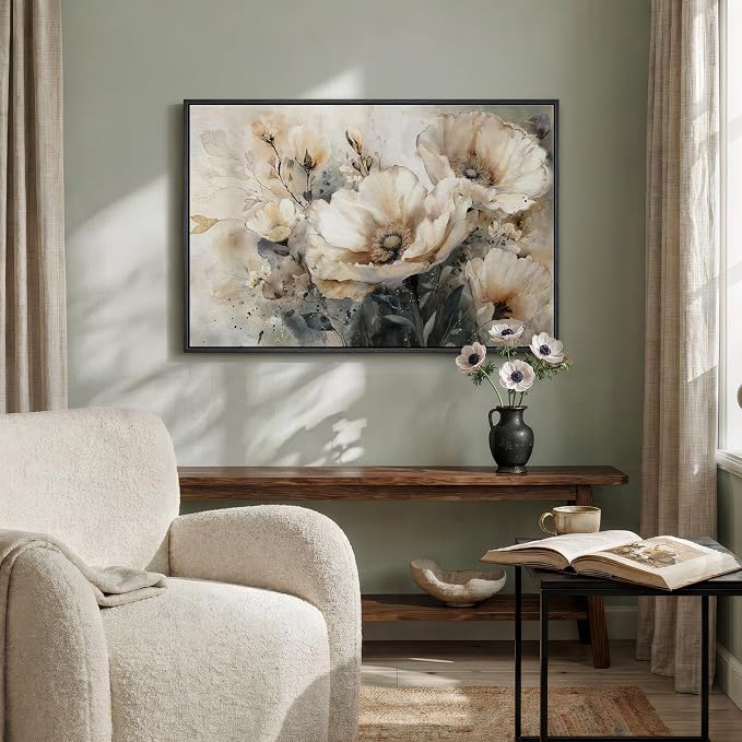 Framed Neutral Floral Wall Art, Botanical Flower Canvas Painting Prints - Image 6