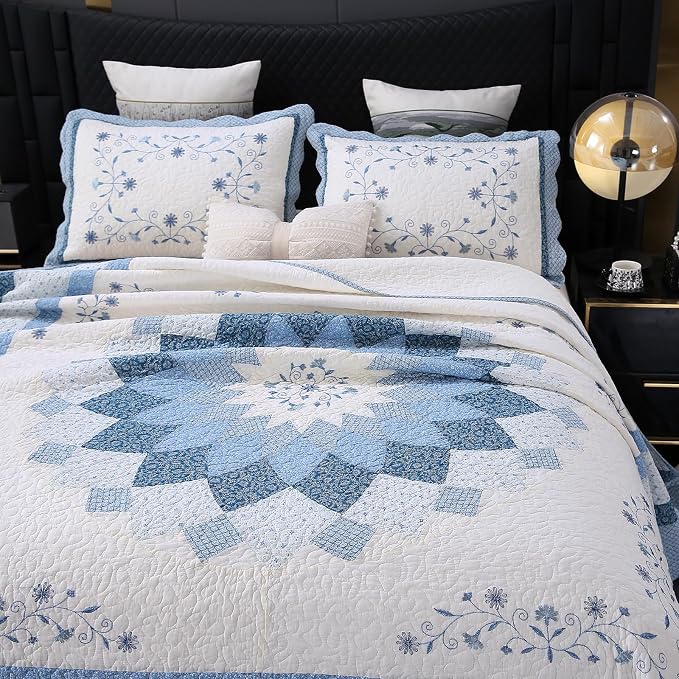 ROOMLIFE Quilt Set King Size 3D Floral Embroidery Pattern 3-Piece Cotton | by ROOMLIFE