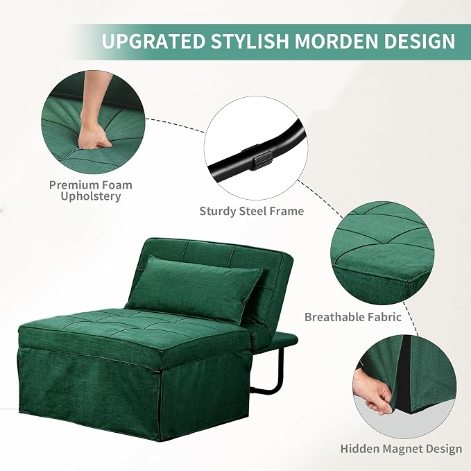 Green Sofa Bed, Convertible Chair 4 in 1 Multi-Function Modern Folding Ottoman - Image 5