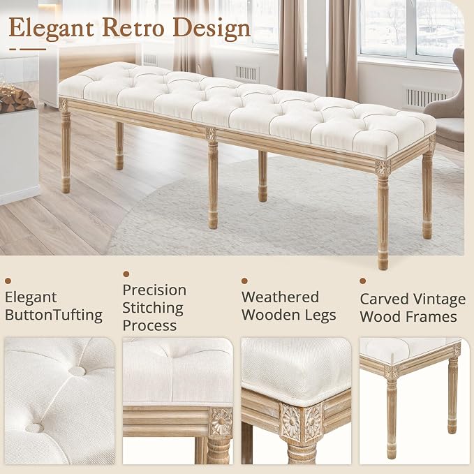 LUE BONA 60" Fabric End of Bed Bench, Upholstered Tufted French Bedroom Bench - Image 5
