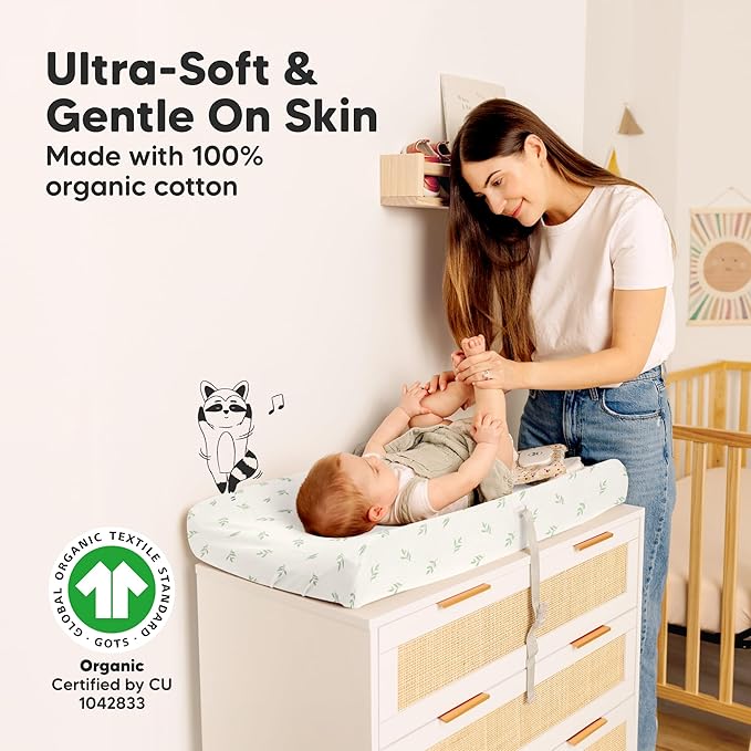 2-Pack Organic Changing Pad Covers for Girl, Boy, Neutral - 100% Cotton Changing Table Pad Cover, Soft Baby Nursery Diaper Changing Pad Sheets, Contour Changing Pads Liners, Change Pad Cover (Herb)