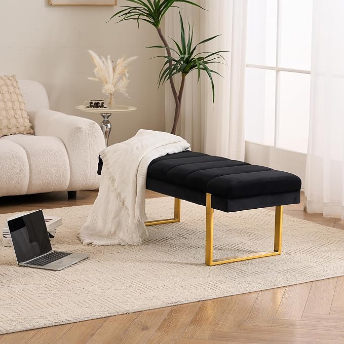 46" Velvet Black Bench with Gold Legs - Image 5